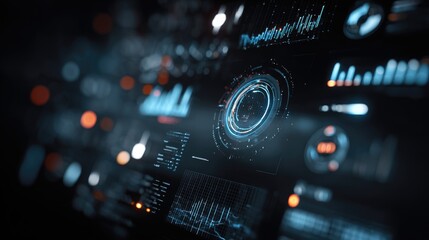 photo of Futuristic digital interface glowing in a dark room, with holographic data charts and AI icons floating. 