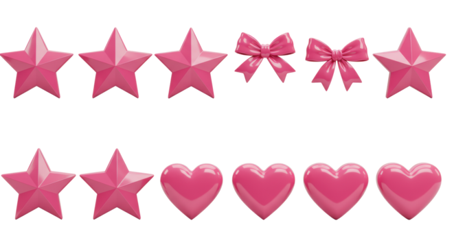 Two rows of vibrant pink, glossy, reflective 3D rendered stars, bows, heart shapes, against a transparent background with copy space, studio lighting, slightly high angle. Concept of gifts and