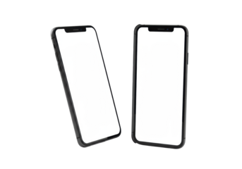 Two modern black smartphones, bright white screens, pill-shaped notches, angled, upright, isolated on transparent background, product photography digital mockup concept