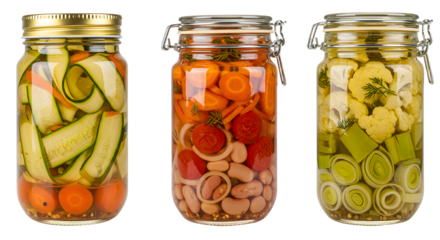 Jars filled with colorful pickled vegetables including zucchini, carrots, and cauliflower, displayed against a neutral background