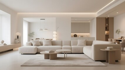 Fototapeta premium Modern minimalist living room with neutral tones and sleek furniture
