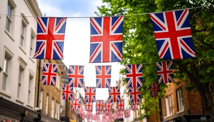 Union Jack flags strung between buildings