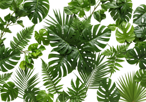 Lush vibrant tropical leaves: monstera, maidenhair fern, and palm fronds, meticulously arranged on pristine transparent studio background, shadowless, clean botanical beauty concept