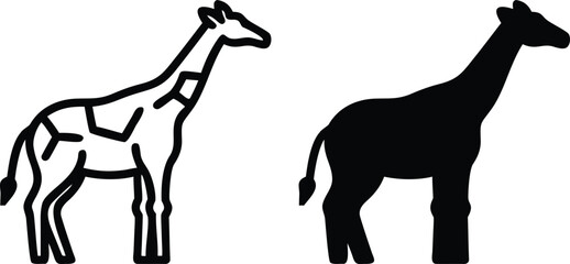 Giraffe Silhouette and Outline Icon for Safari Wildlife and African Nature Illustration