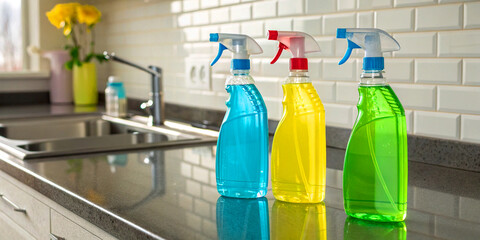 Trio of Colorful Cleaning Product Bottles on a Shiny Sink Counter
