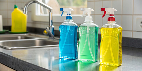 Trio of Colorful Cleaning Product Bottles on a Shiny Sink Counter