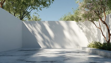 White walls, trees, garden, sunlit patio