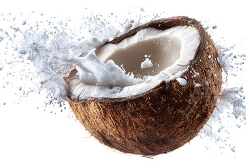 Coconut with splashing water on transparent background