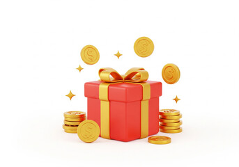 Illustrative Cartoon-Style 3D Render of Gift Box with Gold Coins on White Background.