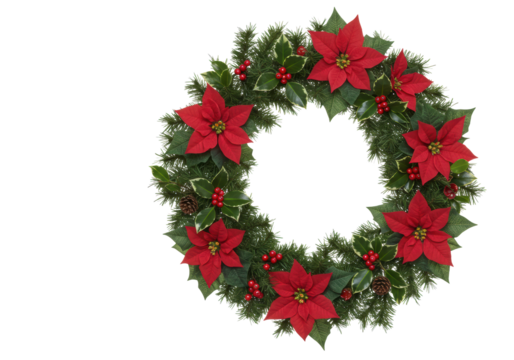 A lush, intricately intertwined Christmas garland with vibrant red poinsettia blooms, deep green leaves, holly, and berries, isolated on clean white for copy space, Concept of Christmas season