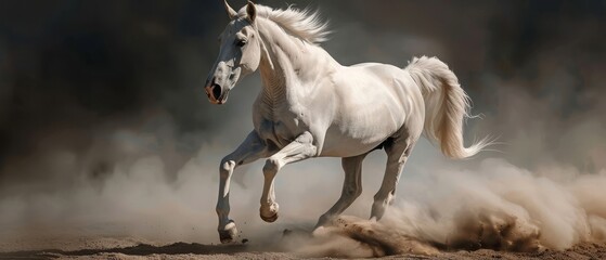 White horse run forward in dust on dark background