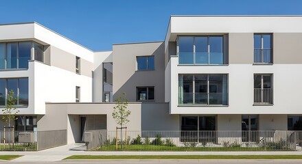Modern Architecture: Contemporary Residential Buildings with Sleek Lines and Open Spaces Under a Clear Blue Sky
