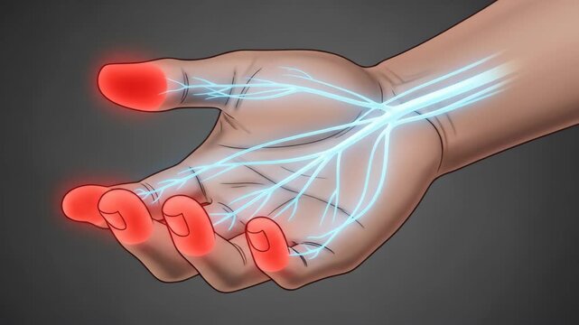Animated Medical Illustration of Human Hand Demonstrating Nerve Pain with Glowing Blue Neural Pathways and Pulsing Red Fingertips