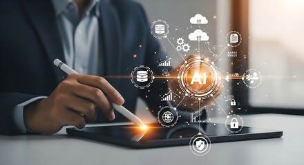 Man using stylus with digital tablet showcasing artificial intelligence, cloud computing, data management, and internet security illustrations concept.