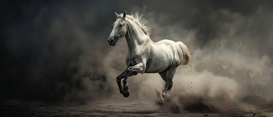 White horse run forward in dust on dark background