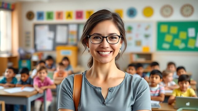 Smiling teacher with glasses in a classroom full of students during the school day learning together
