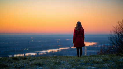 Obraz premium Woman in red coat watching a beautiful sunset over a valley