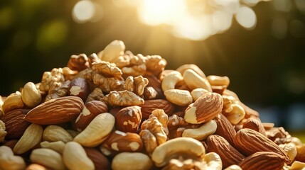 A mix of nuts including almonds, cashews, hazelnuts and walnuts, without salt.