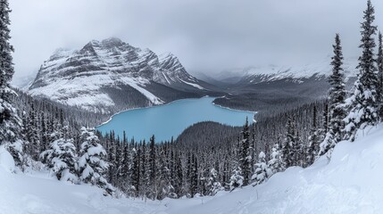 Obraz premium Panoramic view of a snow-covered mountain range with a vibrant blue lake nestled in the valley.