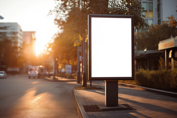 Fototapeta premium Blank billboard mockup in urban street at golden hour