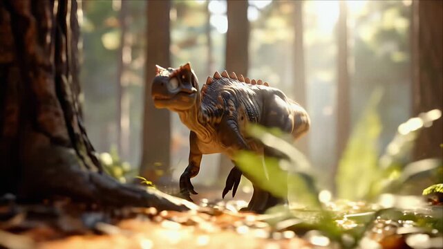 Dinosaur model walking in a sunlit forest, with focus on the details