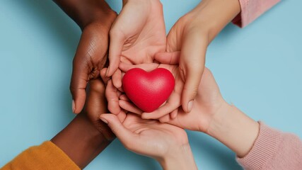 A group of people holding hands around a red heart. Concept of unity and love among the people