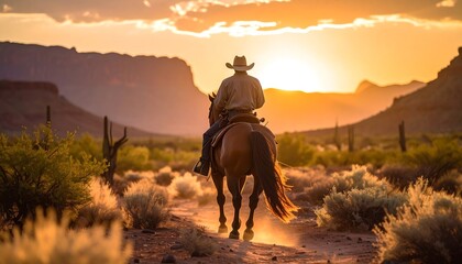 Naklejka premium Cowboy riding a horse at sunset in the desert