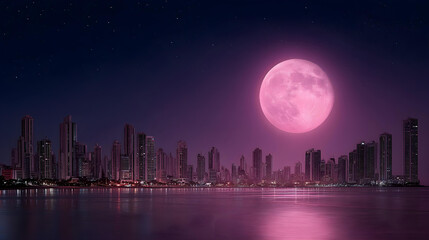 Fototapeta premium pink moon rising above a modern city skyline at night