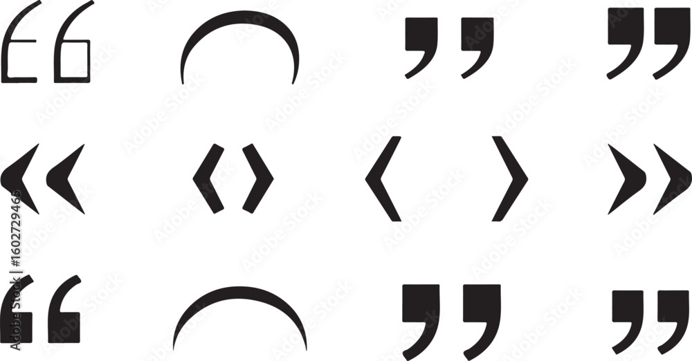 Poster collection of quotation marks and brackets in various styles isolated on transparent background