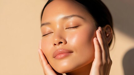 Minimal beauty routine morning glow Serene woman enjoying a facial skincare routine. fresh face with minimal beauty routine,
