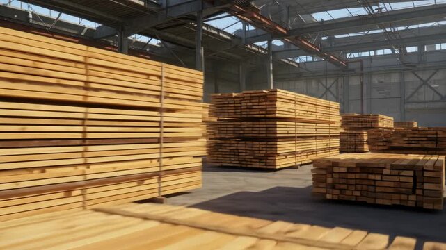 Lumberyard warehouse interior with stacks of prepared wooden planks