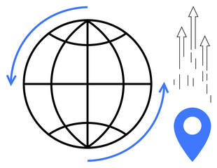 Globe with curved arrows, blue location pin, and upward arrows symbolizing connectivity, navigation, innovation, data growth, technology, progress and globalization. Ideal for tech business