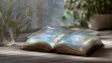 Fototapeta premium Holographic Glass Book with Rainbow Pages Illuminated by Sunlight