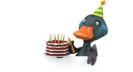 Cartoon duck celebrating birthday with cake