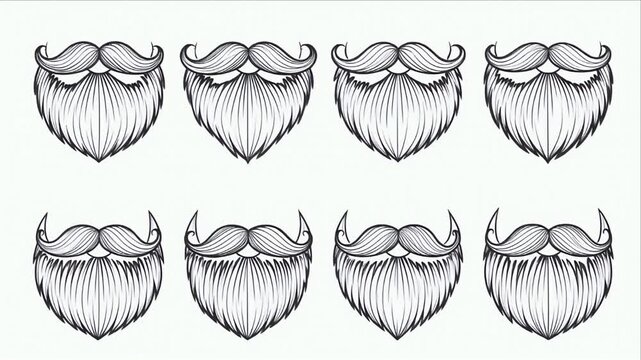 Eight stylized black and white beard and mustache illustrations