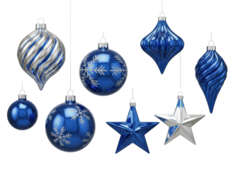 Elegant blue and silver Christmas ornaments, patterned baubles, star shapes, suspended with delicate weightlessness on a transparent studio background with soft lighting, festive elegance holiday