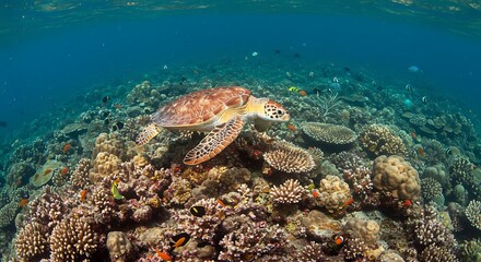 Obraz premium Graceful Swim: Sea Turtle Gliding Over Vibrant Coral Reef in Tropical Waters