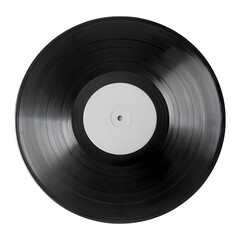 Obraz premium Vintage vinyl record spinning with blank white label for custom music DJ branding isolated on png background
