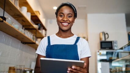 Smiling Baker Using Tablet in Modern Bakery