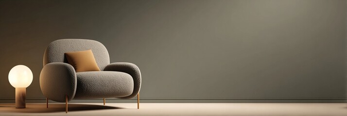 Minimalist modern armchair in soft gray fabric with rounded forms, positioned beside a spherical table lamp against a muted olive green wall backdrop