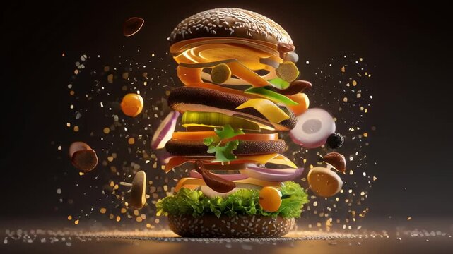 A burger with many toppings is shown in a way that it looks like it is exploding. The burger is made up of many different ingredients, including lettuce, tomatoes, onions, and cheese