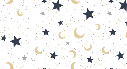 Celestial Night Sky Seamless Pattern: Stars, Moons, Space Background Design