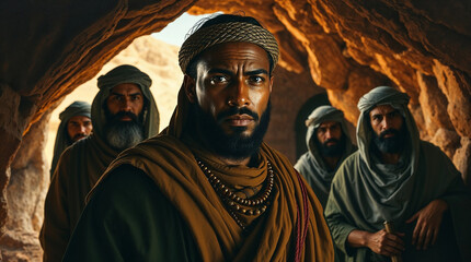 Robbers Entering the Hidden Treasure Cave with Torches, Dramatic Mood, Illustration for the Tale "Ali Baba and the Forty Thieves"