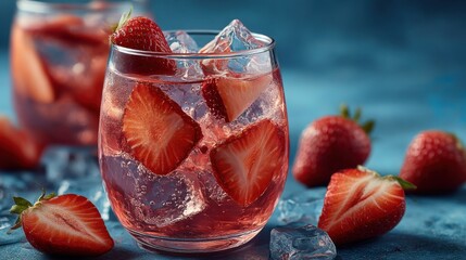 Refreshing strawberry drink served with ice and fresh strawberries on a blue backdrop at a summer gathering
