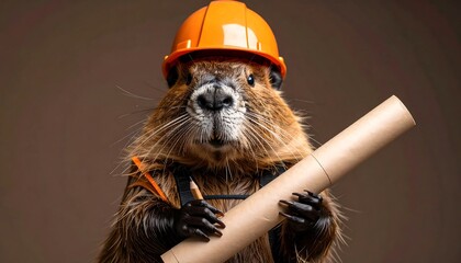 A beaver wearing a hard hat and holding blueprints