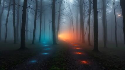 Obraz premium A mystical forest with two glowing paths diverging under golden hour light, creating an ethereal atmosphere.