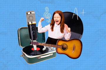 Art sketch image vertical collage of happy pretty schoolgirl sing microphone music subject guitar...