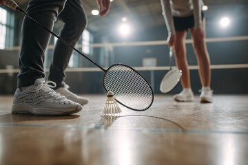 Badminton players ready to play shuttlecock indoor game activity