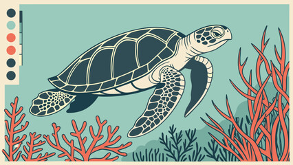 Illustration of a sea turtle swimming underwater with coral reefs and a color palette displayed
