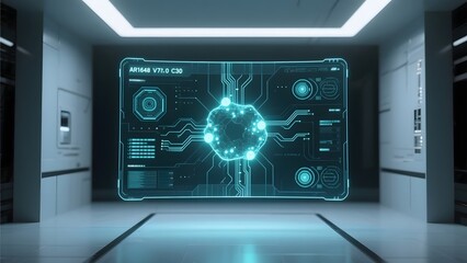 Futuristic digital interface displayed in a sleek, modern hallway with glowing circuitry and data elements.
